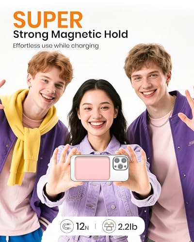 A ADDTOP Magnetic Power Bank 10000mAh- 20W Schnelllade iPhone Ladegerät for Magnetisch, UltraSlim Wireless Portable Charger with USB-C In&Out, LED Display Akku-Pack für iPhone 17/16/15/14/13/12 Rosa thumbnail 3