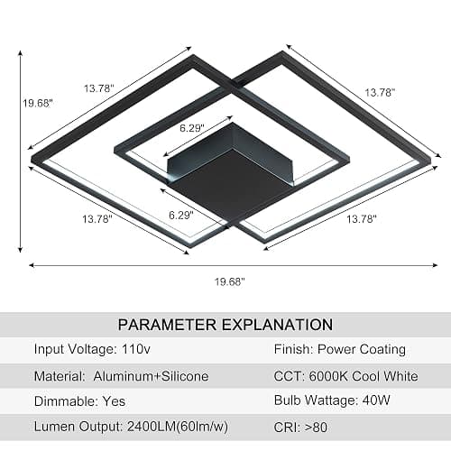 SUNMOO Modern LED Ceiling Light Modern Flush Mount Ceiling Light Fixture, Dimmable 2 Square Frame Premium Lamp for Dining Room Kitchen Bedroom Living Room 40W 6000K Cool Light (Black) - Black-2 thumbnail 3