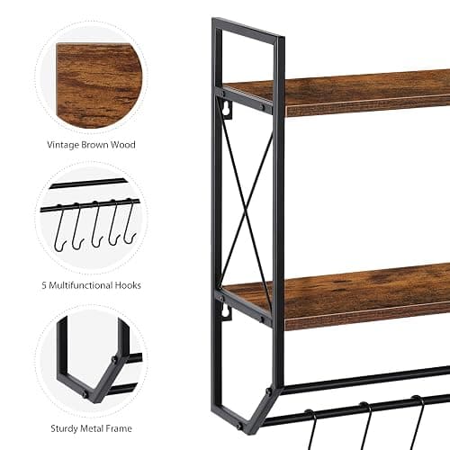 Bathroom Towel Rack 2 Tier Wall Shelf with Towel Bar, Rustic Towel Rack with Shelf for Wall Storage Shelves with Hooks Over Toilet Shelf Wall Mounted Towel Holder Shelf Floating Shelves for Home Brown thumbnail 4