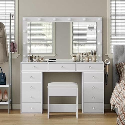 Vanity Desk with Mirror, Makeup Table with Power Outlet and 11 Lights, Set 3 Lighting Modes Brightness Adjustable, Vanity Table with 11 Drawers and Cushioned Stool for Bedroom, Dressing Room (White) thumbnail 7