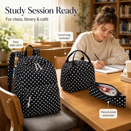 Bluboon Teen Girls School Backpack Kids Bookbag Set with Lunch Box Pencil Case Travel Laptop Backpack Casual Daypacks (Black Polka Dots) thumbnail 8