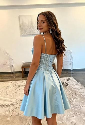 Promworld Sparkly Sequin Homecoming Dress for Teens 2026 Spaghetti Straps Satin Cocktail Party Gown Scoop Neck Mini Gown thumbnail 3