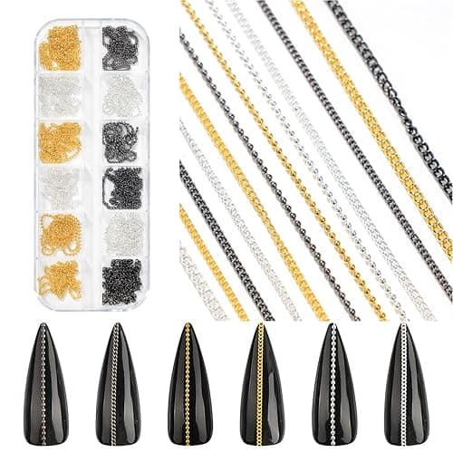 WOKOTO 12 Gold Black And Silver Metallic 3D Nail Chains Charms Punk Ball Beads Fingernails Nail Charms Bling Design Gold Silver Jewels Diy Craft Decoration Accessories Chain Nail Charms Jewelrys - Image 1