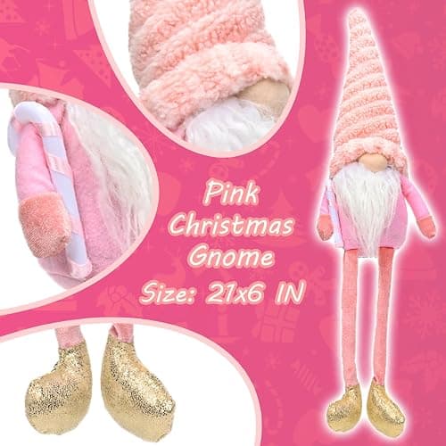 ZEBNYYA Pink Christmas Gnomes Plush Elf Decoration - 3PCS Handmade Xmas Long Dangle Leg Winter Gnomes Hold Christmas Tree Candy Cane Gift Box Santa Dolls for Home Table Ornament, Tiered Tray Decor thumbnail 5