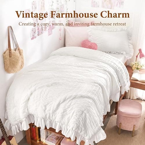 JOLLYVOGUE White Twin Size Comforter Set, 2 Pieces Seersucker Lightweight Fluffy Bedding Set, Twin Ruffle Comforter, All Season Soft Microfiber Shabby Chic Bed Set thumbnail 3