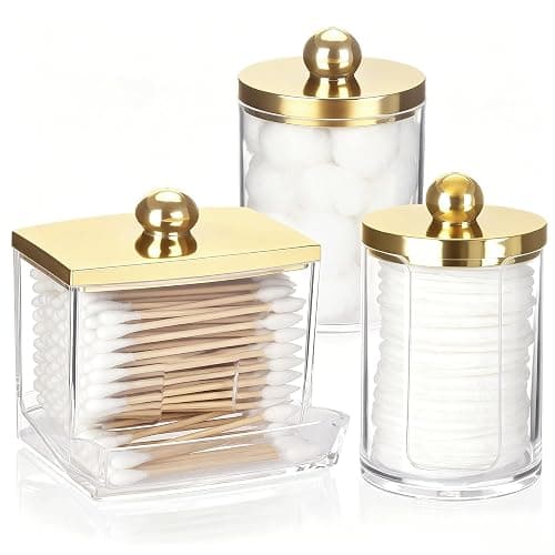 Tbestmax 3 Pack Qtips Dispenser - Bathroom Organizers and Storage Containers, Plastic Apothecary Jars with Gold Lids for Cotton Ball Swab Round Pads, Floss - Gold - Image 1