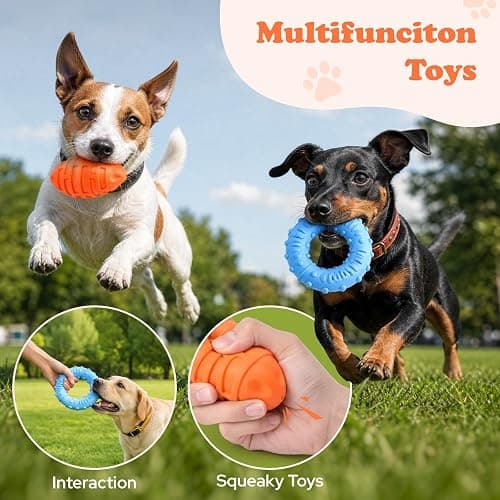 3 Pack Dog Chew Toys for Aggressive Chewers, interactive dog toys | 100% Natural Rubber Squeaky Rugby, Bacon & Milk Flavored, Durable Interactive Oral Care Toys for Medium & Large Breeds thumbnail 5