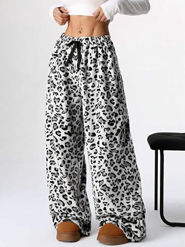 Leopard Women's Fuzzy Pajama Pants - Y2k Cheetah High Waisted Fluffy Pants (White, L) thumbnail 5