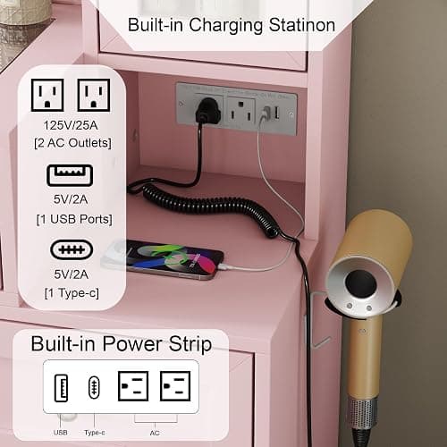 CollaredEagle 43" W Vanity Desk with Mirror & 11 Lights, 5 Drawer Modern Makeup Desk with Glass top & Cushioned Stool, 3 Lighting Modes Brightness Adjustable,Power Outlet,Bedroom, Pink thumbnail 4