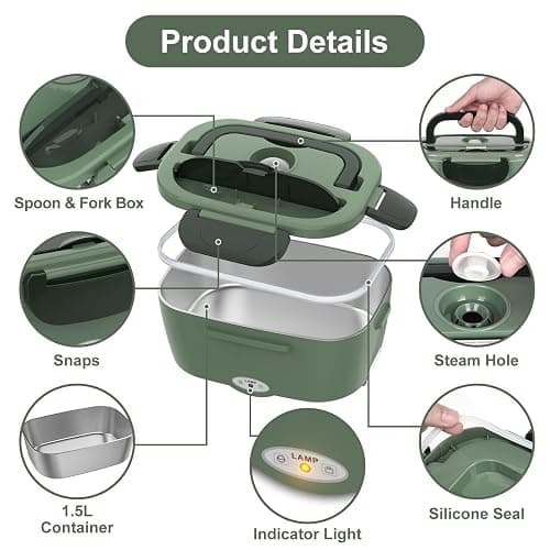 Vabaso Electric Lunch Box for Adults, 80W Heated Lunch Box Portable Food Warmer Lunch Box for Work/Men/Car/Truck with 1.5L 304 Stainless Steel Container Fork & Spoon, 110V/12V/24V thumbnail 5