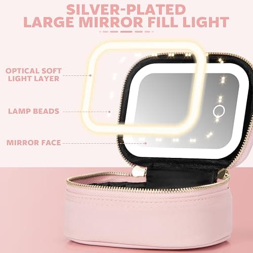 Small Makeup Bag with Led Mirror, Mini Travel Make up Bag 3 Light Modes Adjustable Brightness, for Women Organizer Cosmetic Bag, Portable Travel Train Toiletry Bag, for Pool Parties Work Touch-Ups thumbnail 5