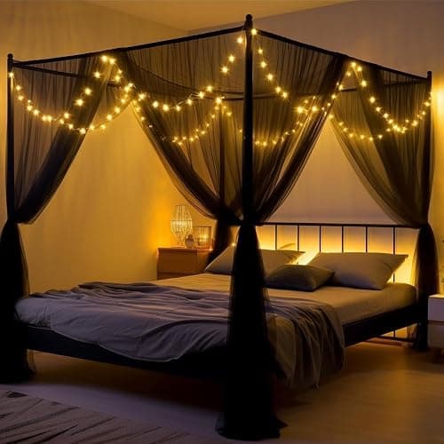 Anmas Home Mosquito Net Bed Canopy with 66ft LED Star String Lights, Black Netting Four Corner Post Curtains Elegant Mosquito Net - Image 1