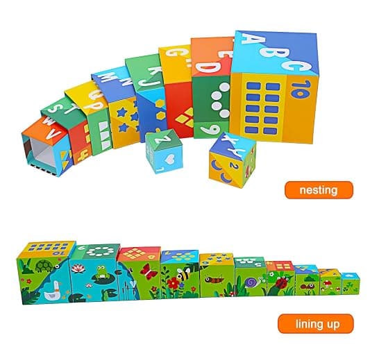 Beeqoo Animal Sorting and Stacking Blocks - Educational ABC & Numbers Toy for Babies and Toddlers - Montessori Learning Tower - 10 Nesting Cubes Building Set - Novelty Gift for Boys & Girls thumbnail 7