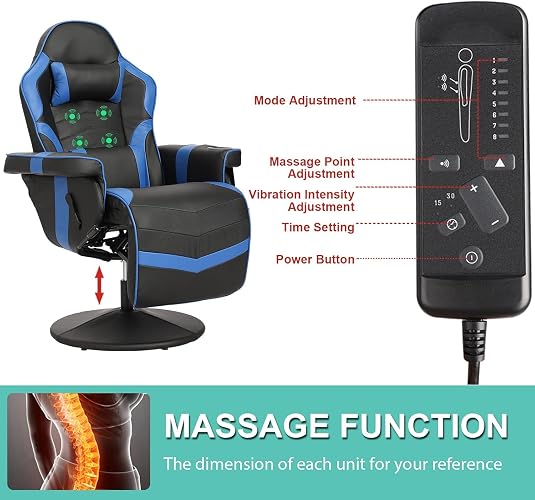 LVUYOYO Reclining Gaming Chair, Massage Gaming Chairs for Adults, High Back PU Leather Game Recliner w/Adjustable Height, Swivel Game Chair with Lumbar Support, Cup Holder, Headrest thumbnail 4