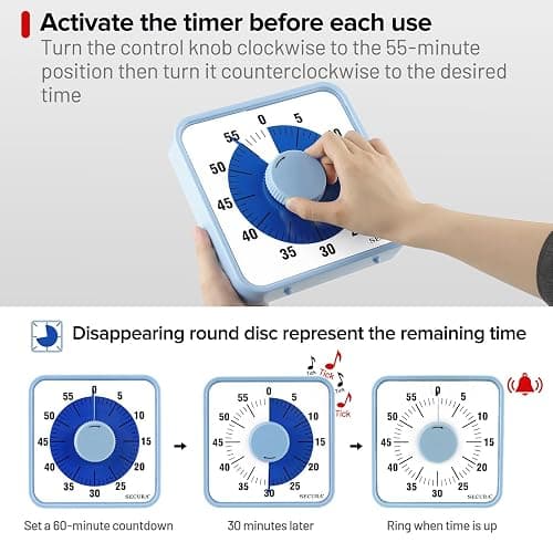 Secura 60-Minute Visual Countdown Timer, 7.5-Inch Oversize Classroom Visual Timer for Kids and Adults, Durable Mechanical Kitchen Timer Clock with Magnetic Backing (Navy Blue) thumbnail 5