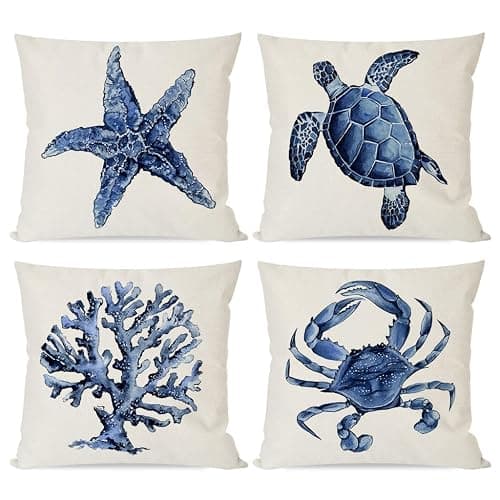 PANDICORN Sea Life Coastal Throw Pillow Covers 18x18 Inch Starfish Turtle Crab Coral Indigo Blue Summer Beach Ocean Nautical Outdoor Decorations Decorative Throw Pillows Cases Set of 4 for Couch Decor - Image 1
