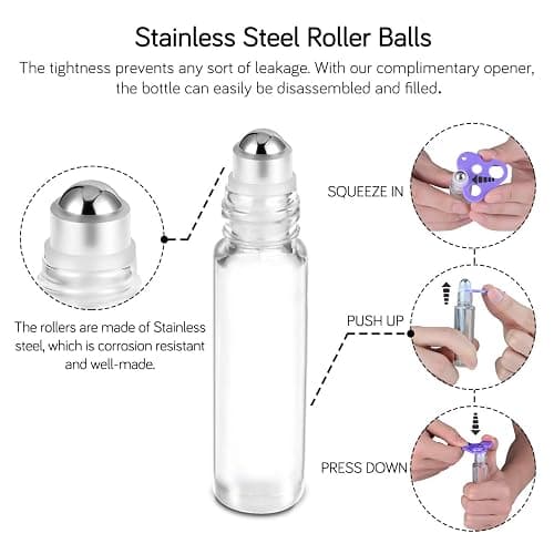 PrettyCare 12 Pack, 10 ml Essential Oil Roller Bottles with Stainless Steel Roller Ball - Refillable Leak-proof Empty Thick Clear Glass Roll on Bottles with Metal Caps for Travel, Perfume thumbnail 5