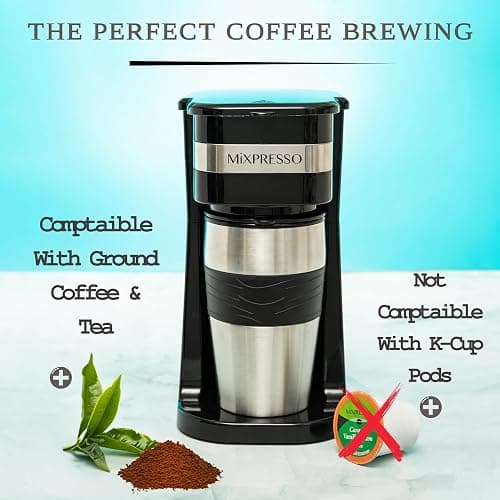 Mixpresso Black Personal Single Serve Coffee Maker with 14oz Travel Mug, Drip Small Coffee Maker with Auto Shut Off, Reusable Filter, Works with Ground Coffee Only – Not for K-Cup Pods thumbnail 5