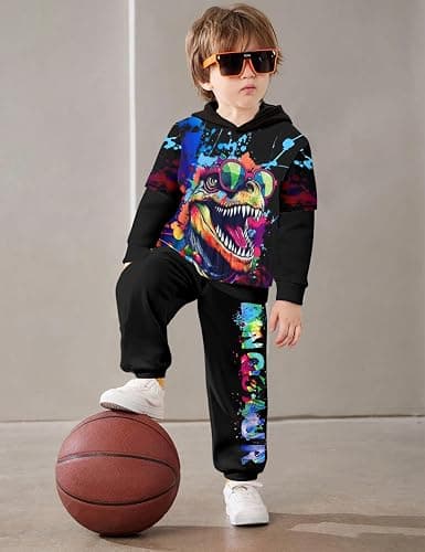 TyeSmo Toddler Boy Clothes Dinosaur Printed Hoodies Toddler Clothes for Boys Long Sleeve Sweatpants Set T-Rex Outfits 3-7t thumbnail 2