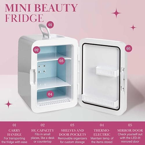 Paris Hilton Refrigerator and Personal Beauty Fridge, Mirrored Door with Dimmable LED Light, Thermoelectric Cooling and Warming Function for All Cosmetics and Skincare Needs, 10-Liter, White thumbnail 4