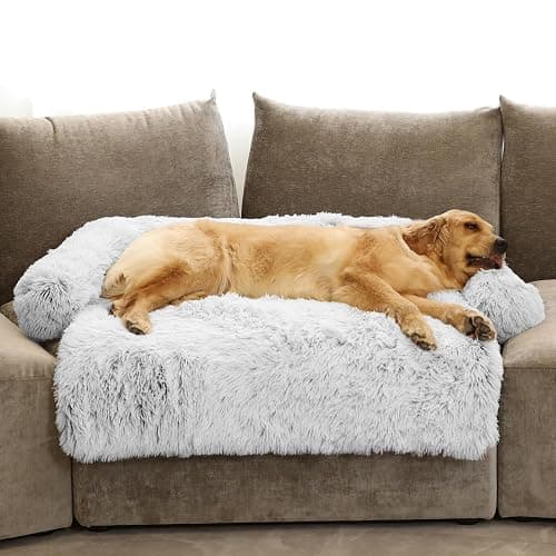 Calming Dog Bed Fluffy Plush Dog Mat for Furniture Protector with Removable Washable Cover for Large Medium Small Dogs and Cats (Extra Large (53x39.3x6), Light Grey) - Image 1