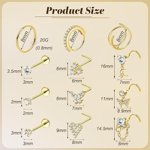 REVOLIA 12Pcs 20G Nose Ring Set 316L Stainless Steel Nose Rings Hoop for Women CZ L Shaped Studs Dangle Heart Butterfly Screw Nose Studs Cute Threadless Flat Back Nose Piercings Jewelry thumbnail 3