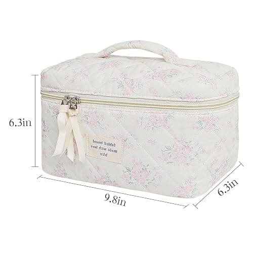 GISMTR Makeup Bag, Floral Quilted Cosmetic Bag, Large Travel Aesthetic Make up Bag, Cute Coquette Toiletry Bag for Women Girls thumbnail 6