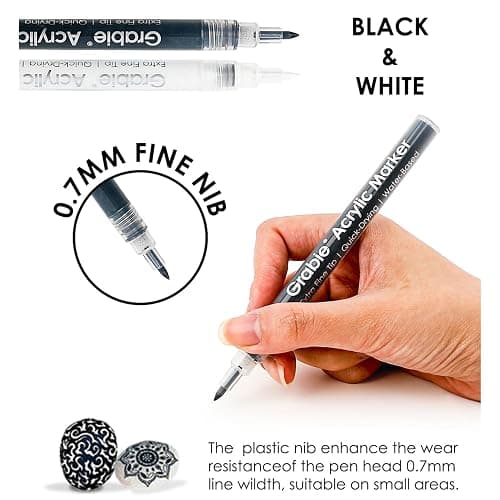 Grabie 6 Pack of Black & White Acrylic Paint Markers, 0.7 mm Extra Fine Tip | Extra Fine Tip, Quick Drying, Waterproof And Fade Resistant, Fine Details And Highlights, Rock Glass Wood Canvas Ceramic thumbnail 3