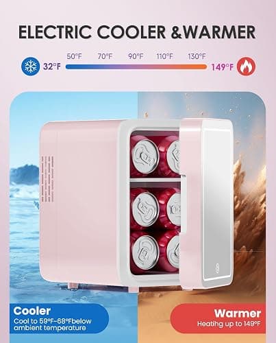 CUTIEWORLD Skincare Fridge with Dimmable LED Light Mirror, 4L Mini Fridge For Desktop, Travel or Cool & Heat, Makeup Fridge for Cosmetics, Skin Care and Food, Pink thumbnail 5