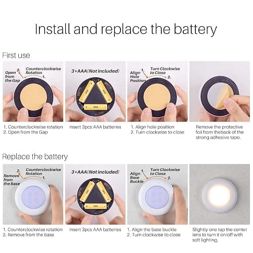 STAR-SPANGLED Push Tap Light, 2.8” Mini Night Touch LED Puck Lamp, Portable Under Cabinet Lighting AAA Battery Operated Powered, DIY Stick On Lights for Closet, Counter, Kitchen, Warm White, 5 Pack thumbnail 5