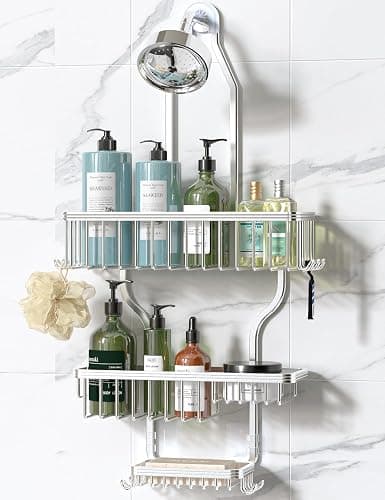 YASONIC Never Rust Shower Caddy Hanging, Aluminum Shower Racks for Inside Shower, 3-Tier Shower Organizer Hanging Over Shower Head with Hooks and Soap Holder, Silver - Image 1