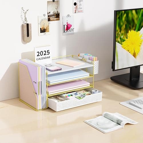gianotter Wood Desk Organizers and Accessories with File Holder, 4-Tier Desk Accessories & Workspace Organizers with Drawer and Pen Holder, Desk Reference Organizer (Gold, 4T with Drawer) thumbnail 5