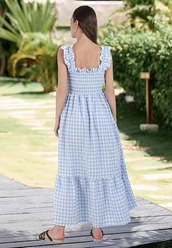chouyatou Women's Retro Plaid Smocked Dress Spaghetti Strap Flounce Long Dress thumbnail 6