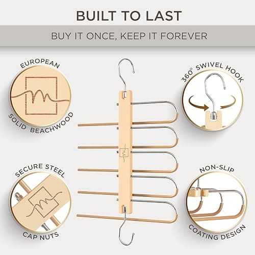 MORALVE Pants Hangers Space Saving - European Beechwood Scarf and Jean Hangers - Closet Organizer and Space Saver Pant Rack, Leggings Hanger, and Scarf Holder with 360° Swivel Hook (1 Pack) thumbnail 2