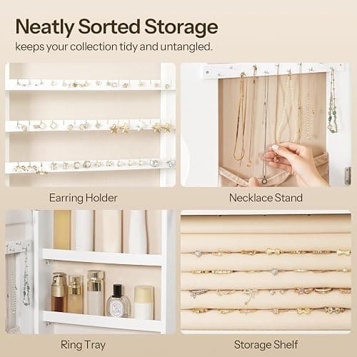 HOOBRO LED Mirror Jewelry Cabinet, Wall/Door Mounted Jewelry Organizer, Jewelry Aromire with Wavy Mirror Full Length, Lockable Jewelry Storage Cabinet, Interior Mirror, 16.5" x 4.1" x 43.3", White thumbnail 9