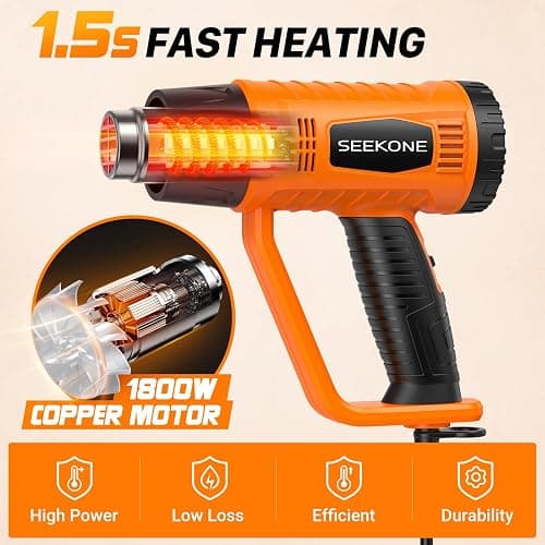 SEEKONE Heat Gun 1800W with 1112℉&752℉ 2 Temperature Settings for Crafting | 2-Speed Airflow 500/250L/min, Ergonomic Handle, Overheat Protection, 4 Nozzles For Vinyl Wrap, Shrink Wrap, Paint Removal thumbnail 2