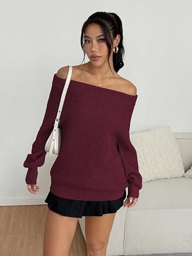 ZAFUL Sweaters for Women Off Shoulder Knit Sweater with Long Sleeve Loose Pullover Jumper Tops thumbnail 4