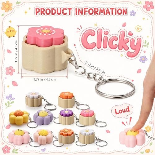 Kenning 20 Pcs Floral Clicker Fidget Keychain, 3D Sensory Clicker Fidget Decompression Button Stress Relief Teacher Appreciation Week Gifts for Women, Birthday, Summer, Office Party Favors thumbnail 4
