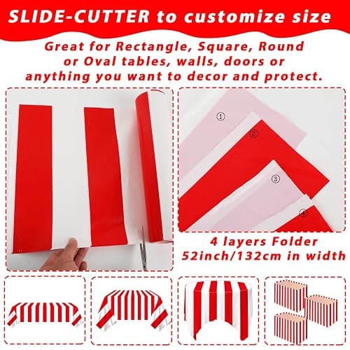 100Ft Long Tablecloth Roll Red and White Striped Tablecloth Carnival Circus Tent Party Supplies Halloween Christmas Plastic Picnic Table Cover for Birthday Party Circus Backdrop Banner Decoration thumbnail 5
