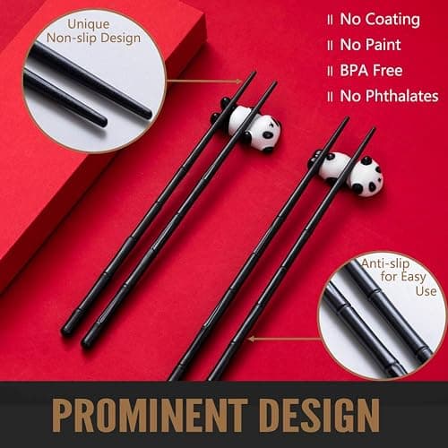 HauSun 2 Pairs Chopsticks and Chopstick Rest Gift Set- Dishwasher Safe Reusable Fiber Glass Chopsticks + Porcelain Cute Panda Chopstick Holder, Non-slip Chinese Japanese Style, Black thumbnail 2