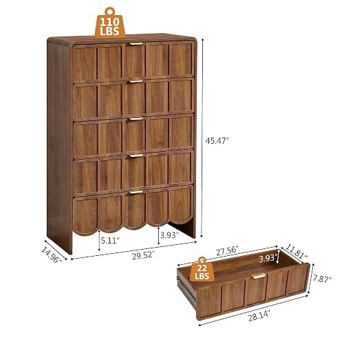 ORRD 5 Drawer Dresser for Bedroom, Modern Closet Chest of Drawers with Wave Fluted Drawer, Wood Storage Small Dresser Organizer for Nursery Bedroom Living Room Hallway Closet (Walnut) thumbnail 2