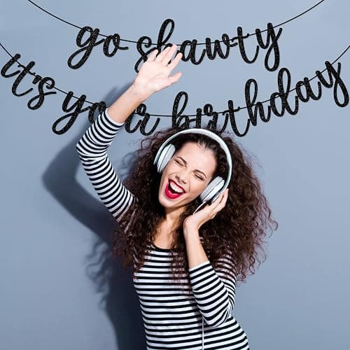 Go Shawty It's Your Birthday Banner, Hip Hop Birthday Party Decorations Supplies, Rap Theme Bday Bunting Sign, Pre-strung, Photo Props (Black) thumbnail 6