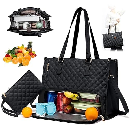 CHENBOOW Lunchtasche für Frauen,Laptop-Tasche mit Isoliertem Lunchfach 15,6 Zoll,Isolierte Lunchtasche,Große Einkaufstasche mit Mittagsabteil,2-in-1 Lunch Bag Handtasche Kombination - Schwarz - Image 1