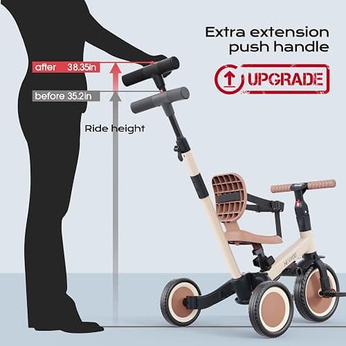 newyoo Toddler Tricycle with Push Handle for 1-3 Year Old, Toddler Bike, Birthday Gift and Toy for Boys and Girls, 5 in 1 Kids Trike, Balance Bike with Backrest and Safety Belt, Khaki, TR007 thumbnail 3