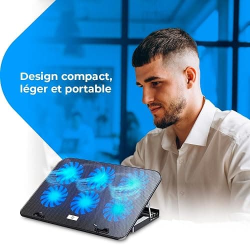 NK Base de Refroidissement Portable - Ventilateur pour Ordinateur Portable 12-17", Réglables en Hauteur, 6 Ventilateurs Silencieux, 2 Ports USB, Refroidissement Rapide, lumière LED Bleue - Noire thumbnail 5