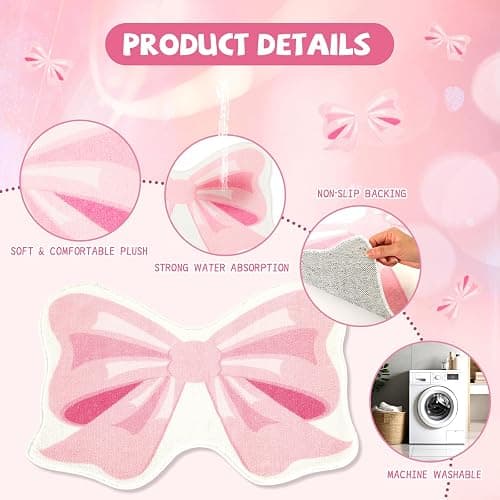 FEBSNOW Pink Bow Bathmat Rugs, Non Slip Coquette Bow Cute Aesthetic Carpet, Cute Room Decor Coquette Rug for Bathroom Bathtub Shower Bedroom and Living Room（27.6 x 21.3 inch） thumbnail 2