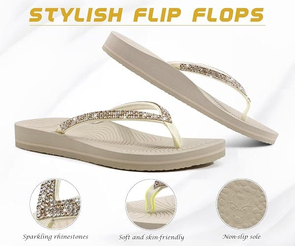 KuaiLu Women's Rhinestone Flip Flops with Comfort Arch Support Yoga Mat Cushion Sandals Fashion Summer Beach Travel Orthotic Walking Thong Sandles Slip on Plantar Fasciitis Indoor Outdoor Shoes thumbnail 4
