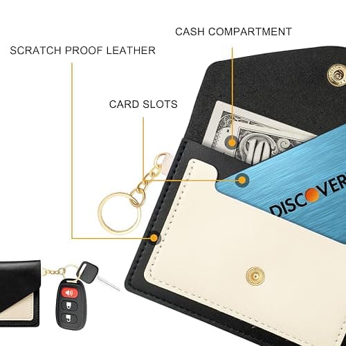 OHKYOOT Leather Wristlet Keychain,Wrist Keychain Car Key Chain with 3 Key Rings,D Ring and Slim Wallet thumbnail 5