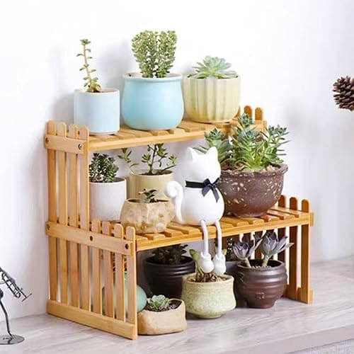14.6"/10.8"/18.5"/22.8" 2 Tiers Bamboo Plant Stand Shelf,Desk Flower Pot Holder ,Adjustable Desktop Shelf Display Organizer Ladder Rack For Office Decorate Desk Shelving Storage Rack,Kitchen rack thumbnail 5