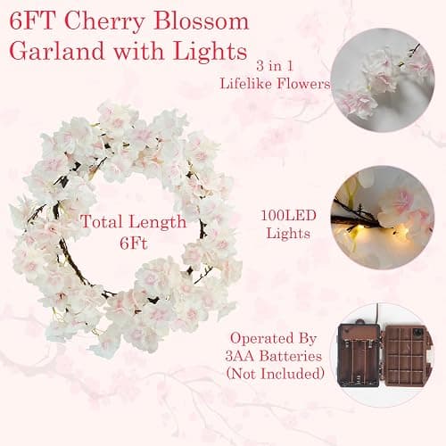 obbsie 6FT Lighted Cherry Blossom Garland with 100 Fairy Lights Timer Battery Operated Artificial Cherry Blossom Flower Vines with Lights for Mantle Home Fireplace Wedding Party Office Decor thumbnail 5